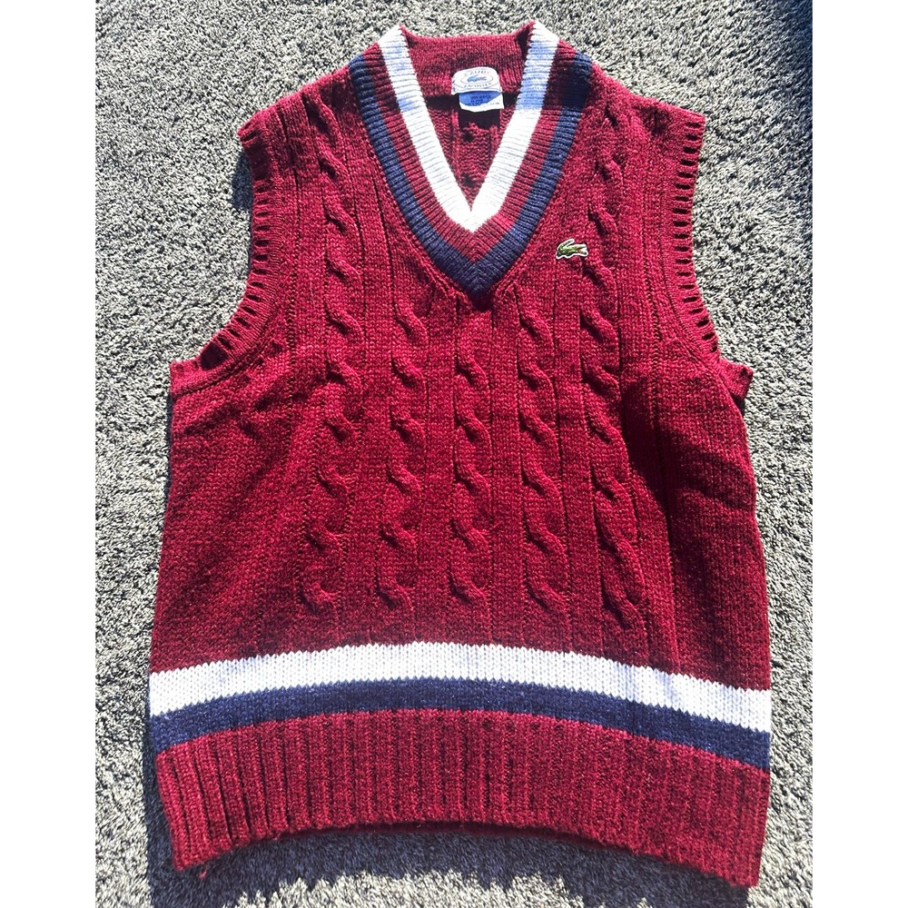 Lacoste IZOD Vintage Cable Knit Sweater Vest Large Burgundy Preppy Tennis Hong